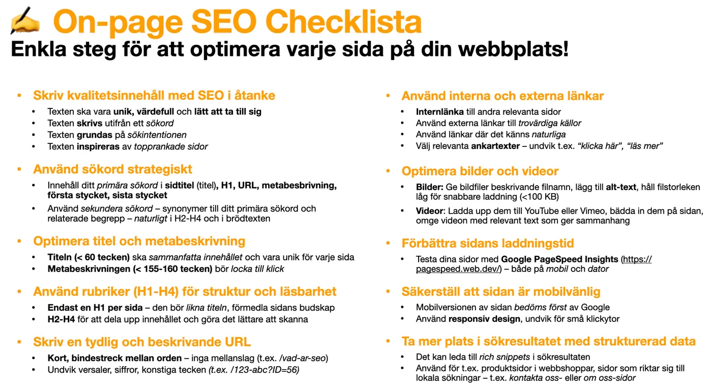 On-page SEO-checklista för optimering av webbsidor.