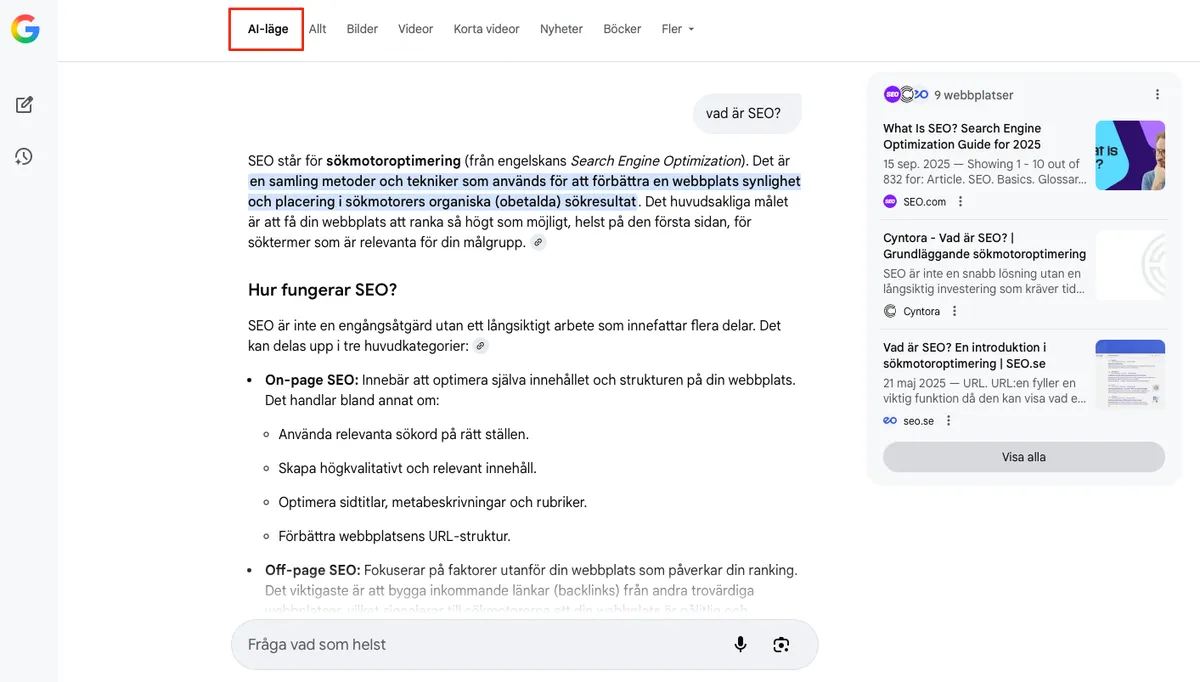 Skärmbild av sökning om SEO på Googles AI-läge