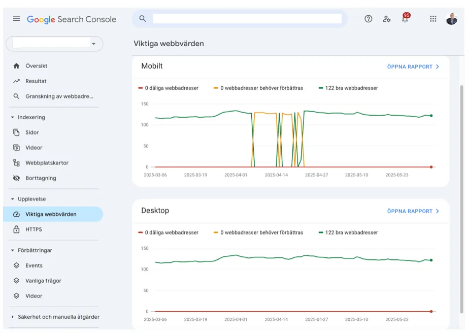 Google Search Console viktiga webbvärden rapport grafer