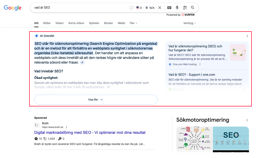 Googles AI-översikten om vad sökmotoroptimering (SEO) innebär.
