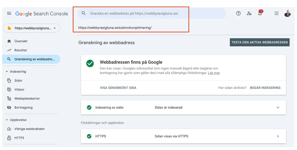Google Search Console granskar webbadress i Sverige.