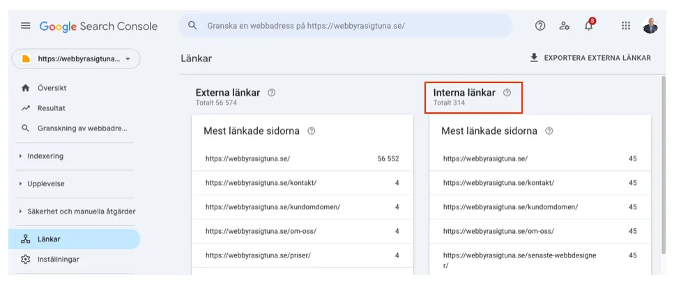 Google Search Console visar länkar för webbplatsen.