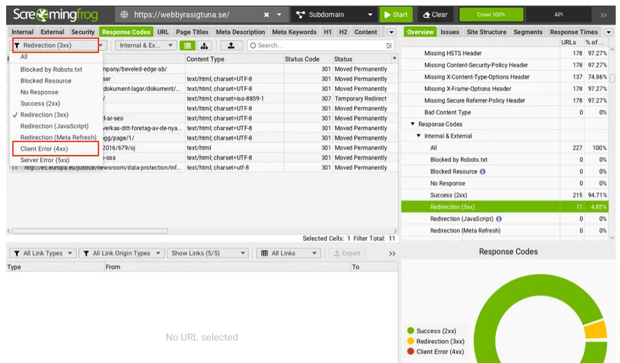 Screaming Frog SEO-verktyg granskning med omdirigeringar.