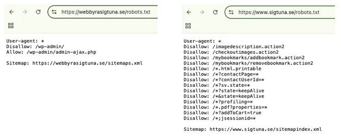 Exempel på robots.txt-filer för webbplatser.