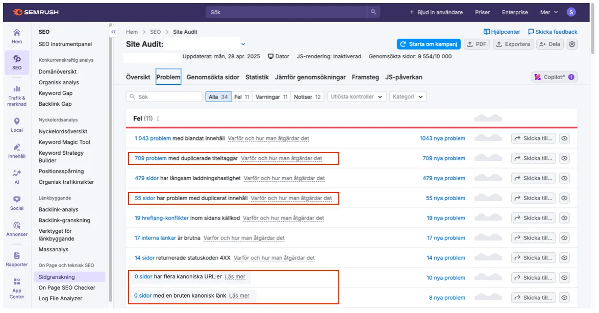 SEO-problem och statusrapport i SEMrush gränssnitt