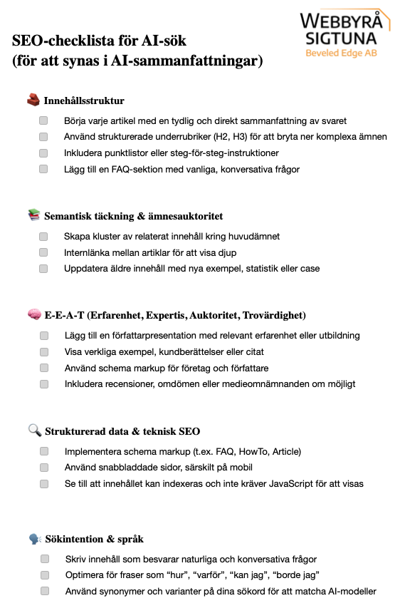 SEO-checklista för AI-sök med fem huvudkategorier.