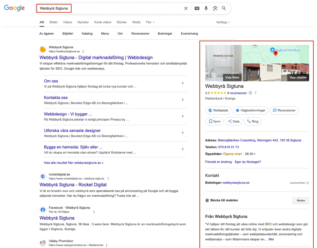 Google-sökresultat för Webbyrå Sigtuna