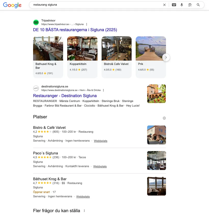 Google-sökresultat för restauranger i Sigtuna