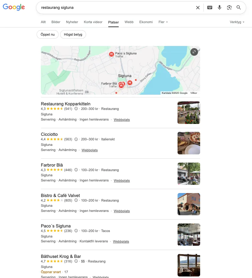 Google-sökresultat för restauranger i Sigtuna.