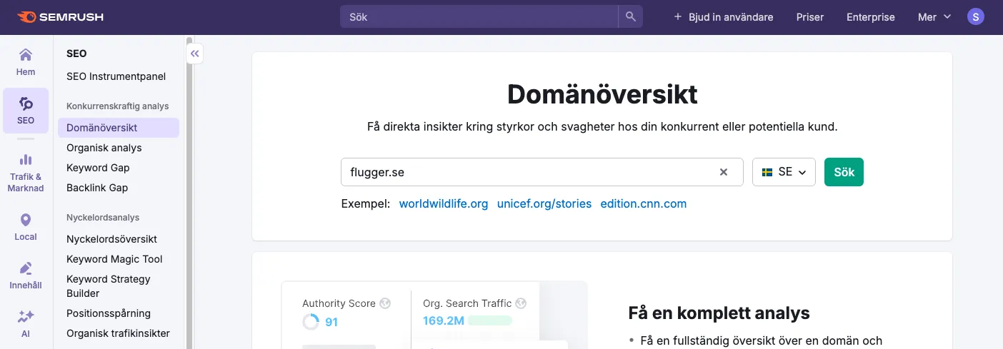 SEMrush domänöversikt förflugger.se