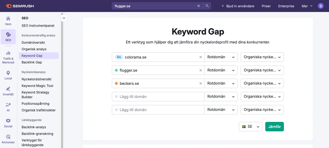SEMrush Keyword Gap-verktyg gränssnitt