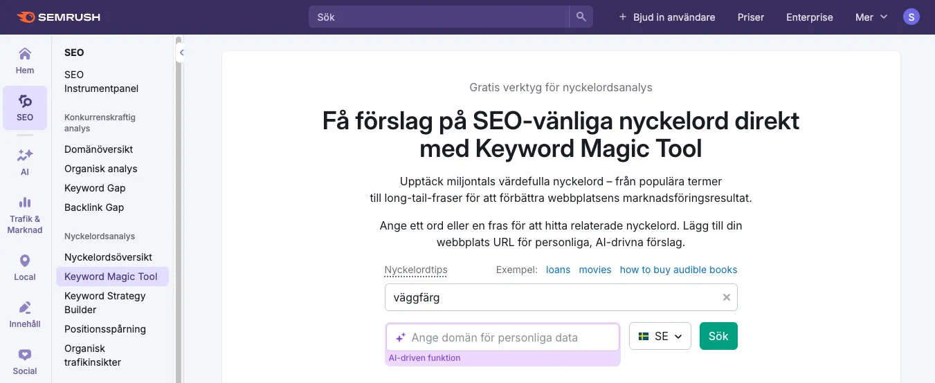 SEMrush Keyword Magic Tool-gränssnitt skärmbild