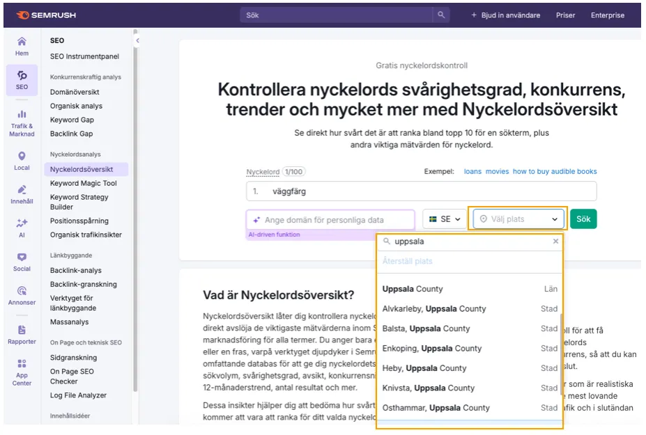 SEMrush nyckelordsverktyg med platsval för Uppsala.