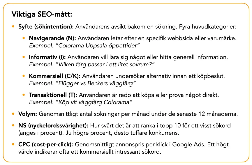 SEO-mått och kategorier för sökintention.