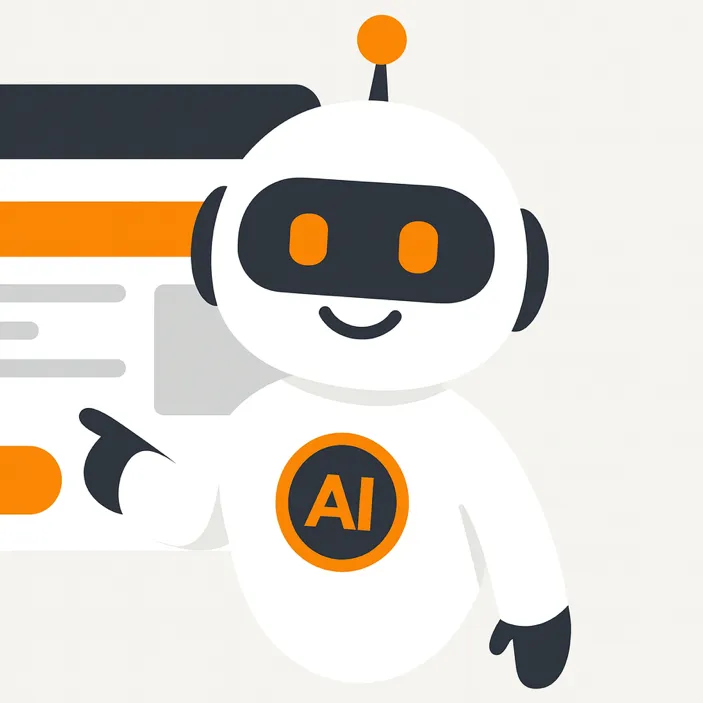 Tecknad AI-robot vid datorgränssnitt
