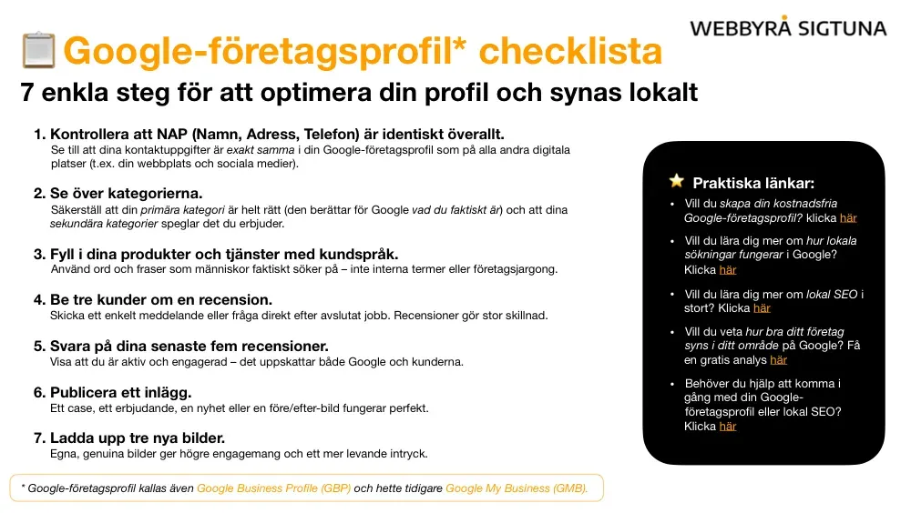 Google-företagsprofil checklista för lokal synlighet.