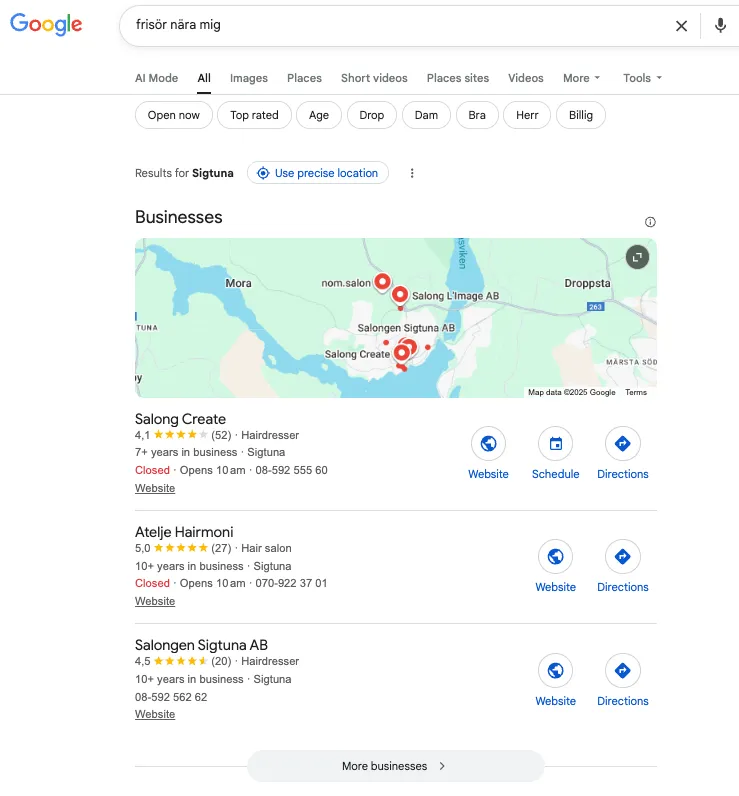 Sökresultat för frisör i Sigtuna på Google Maps.