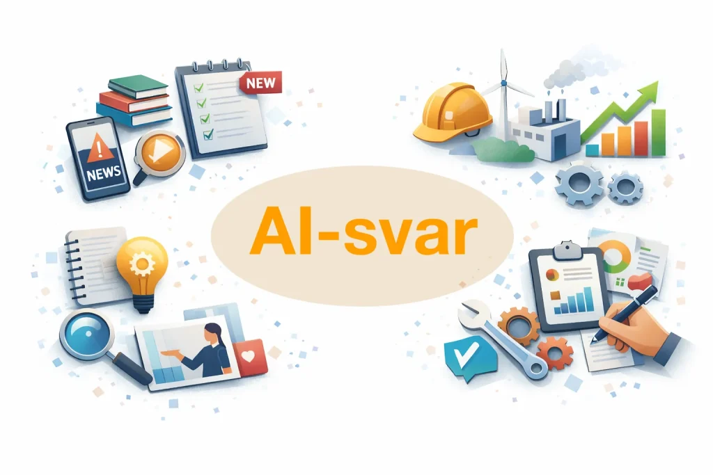 Illustration med AI-relaterade ikoner och AI-svar text
