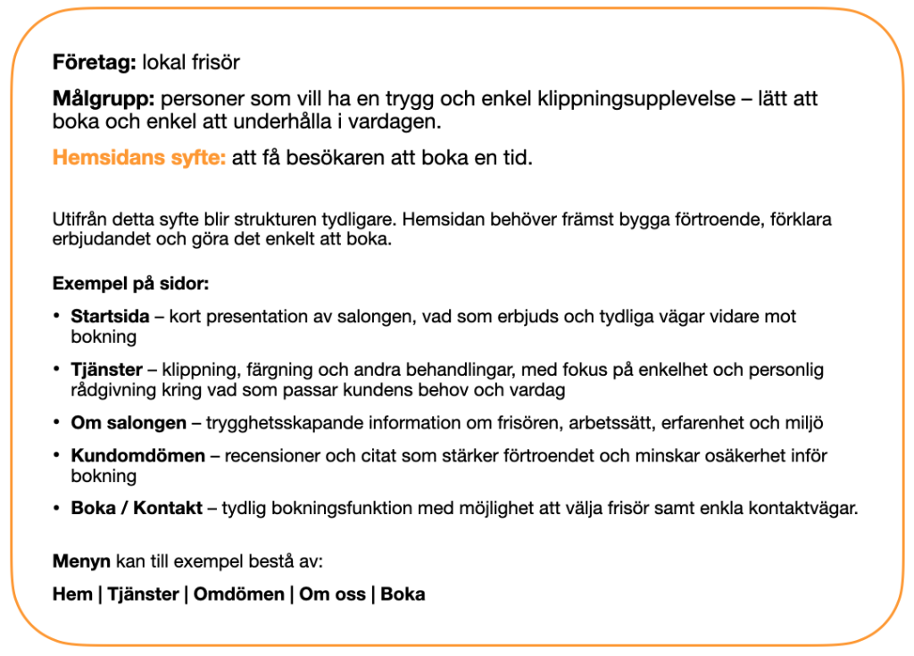 Struktur och syften för lokal frisörhemsida.