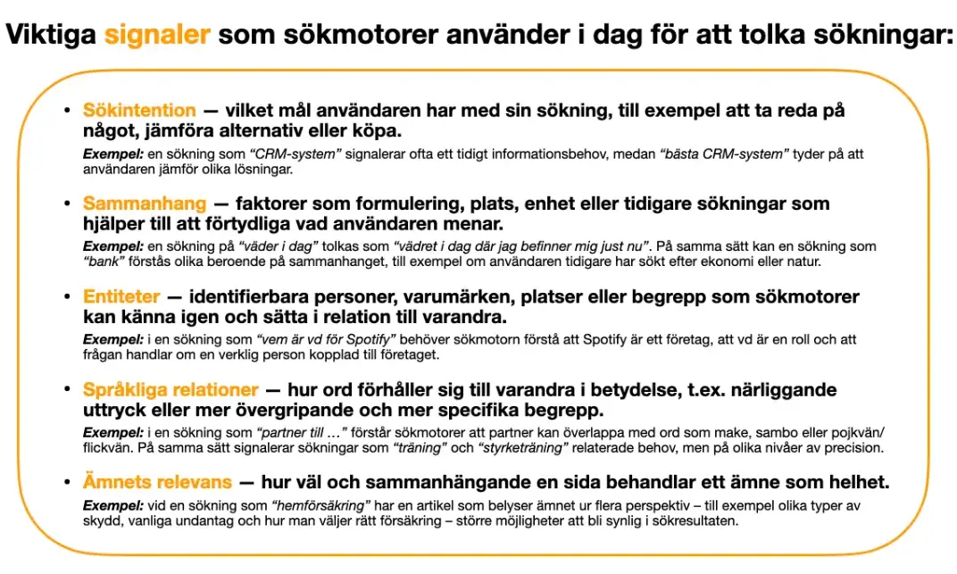 viktiga signaler som sökmotorer använder för att tolka sökningar