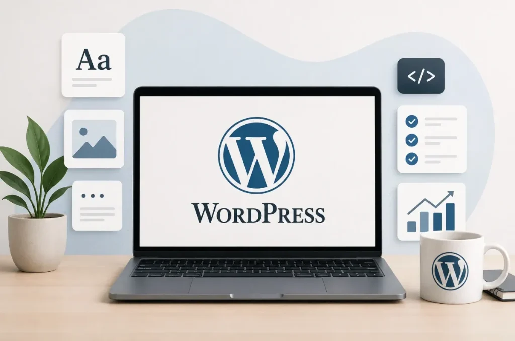 Laptop med WordPress-logotyp och webbdesignikoner