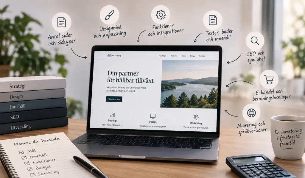 Laptop med webbdesign och planeringsikoner p&aring; skrivbord